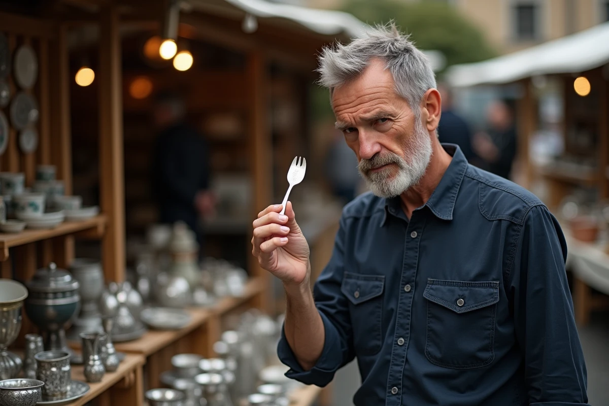 Homme inspectant le poinçon d'une cuillère en argent ancienne sur un stand de marché aux puces