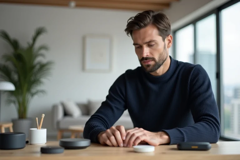Homme utilisant un hub domotique et des objets connectés sur un bureau en chêne dans un appartement moderne minimaliste
