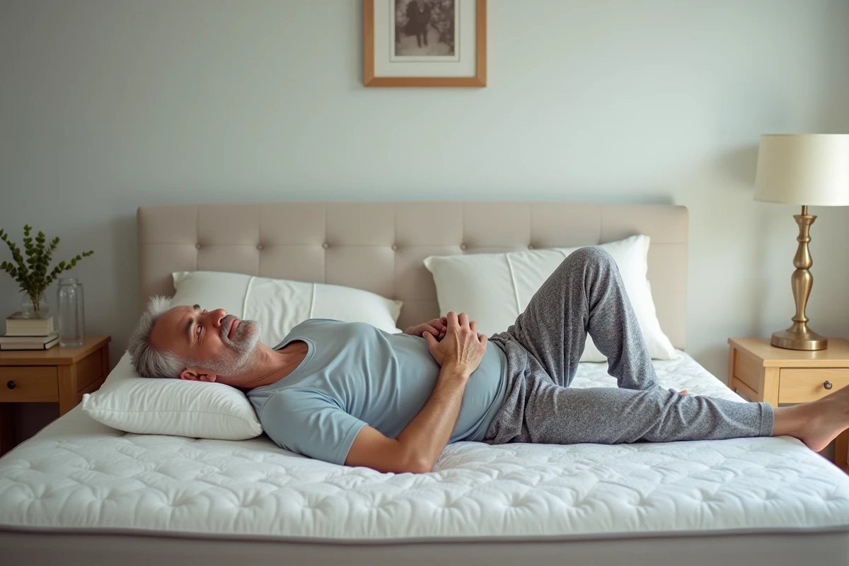 Homme âgé ajustant un coussin sous ses jambes dans le lit