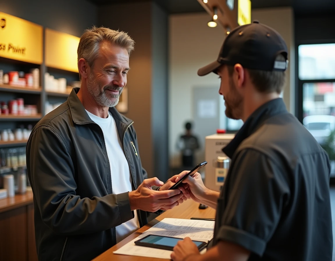 Homme montrant son téléphone à un employé dans un point relais UPS pour résoudre un problème de livraison