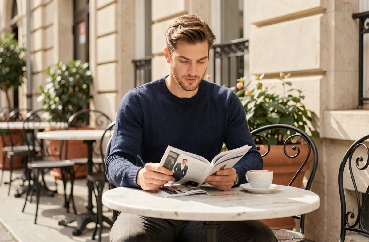 Homme en pull marine assis en terrasse de café européen, ambiance lifestyle mode masculine décontractée