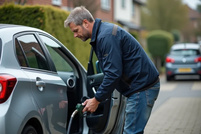 Homme concentré utilisant un siphon pour extraire du carburant d'une voiture