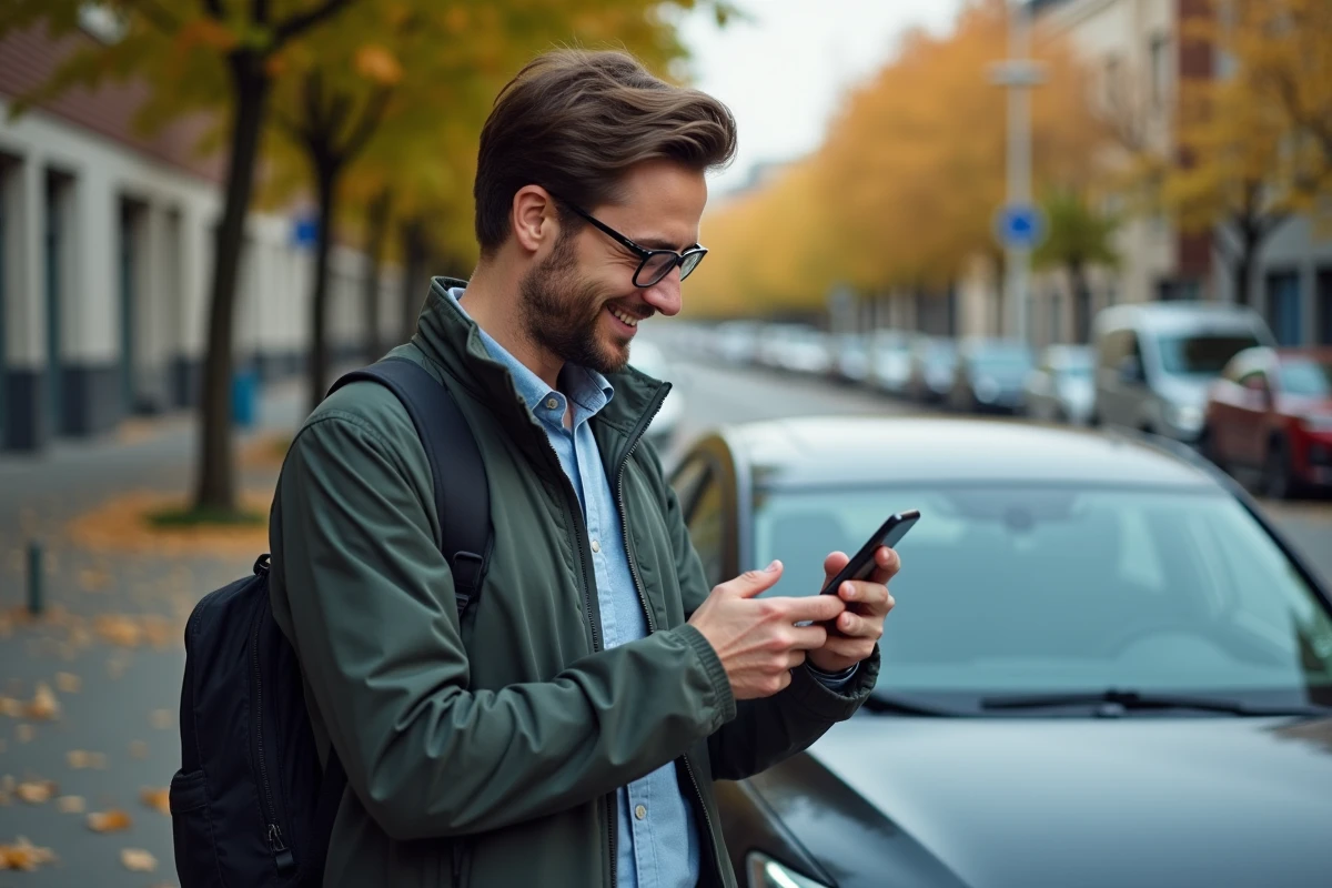 Homme dehors vérifiant un itinéraire Mappy sur son smartphone