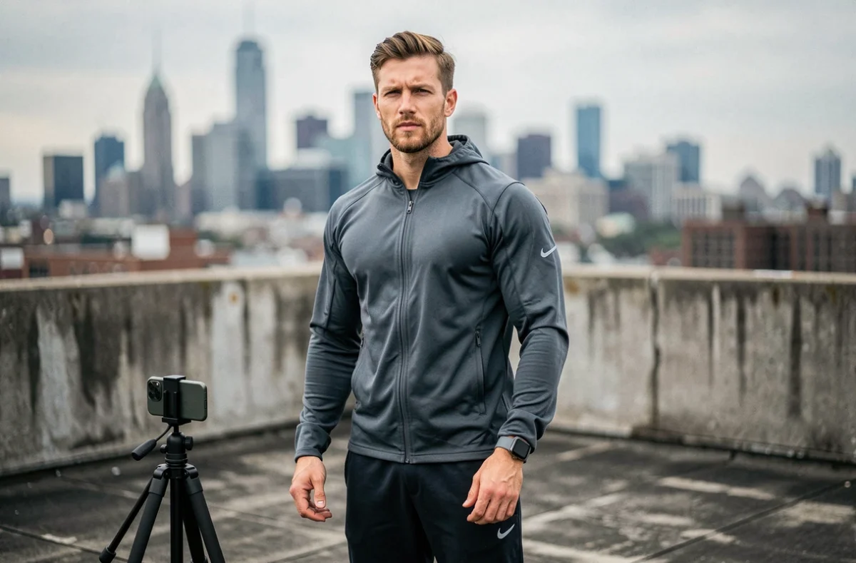 Influenceur sportif s'entraînant sur un rooftop urbain avec équipements connectés, incarnant la tendance du sport technologique en plein air