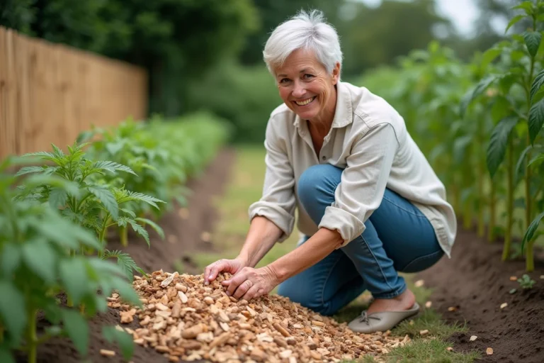 Femme d'âge moyen dans un jardin potager en train de disperser des copeaux de bois