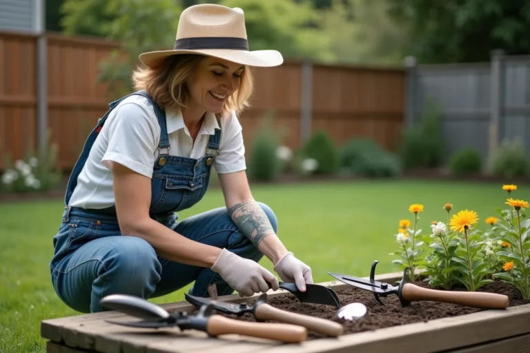 Femme en jardinage inspectant outils dans un jardin