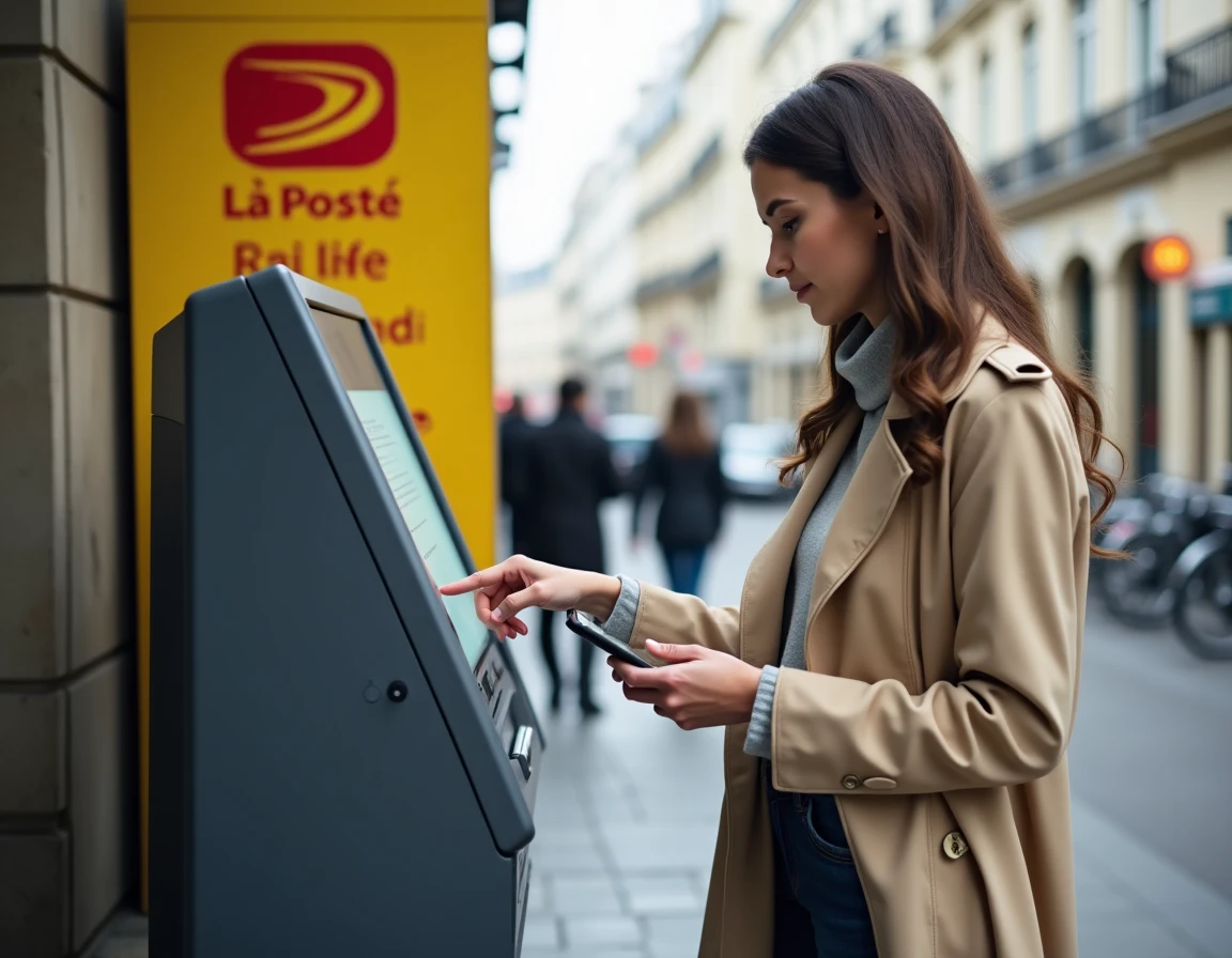 Jeune femme utilisant un kiosque libre-service de La Poste pour créer une boîte postale gratuite