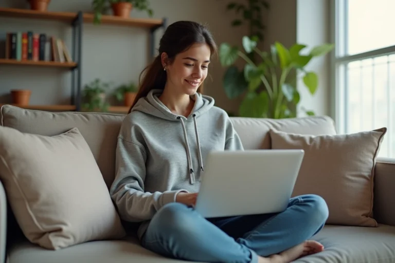 Jeune femme assise sur un canapé avec un ordinateur portable