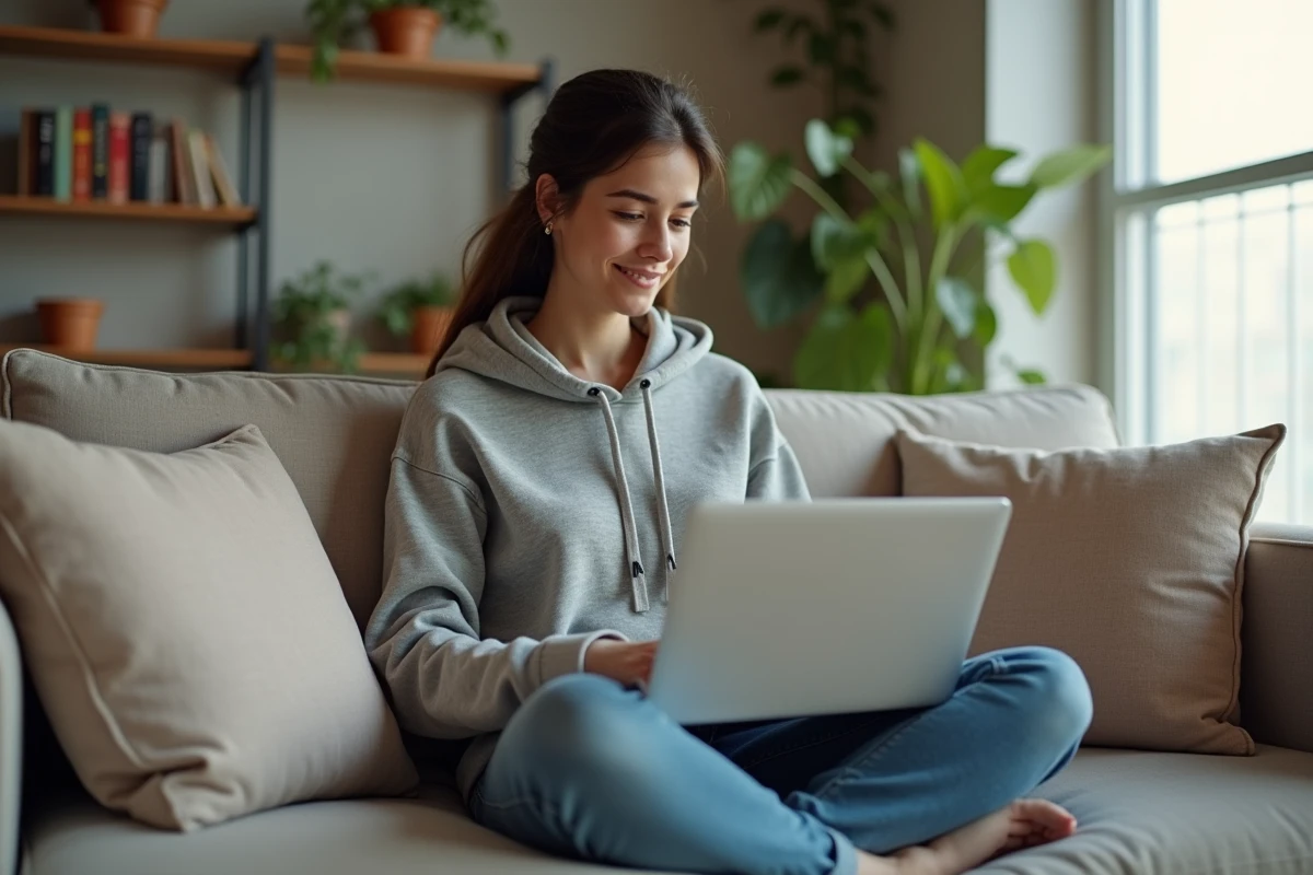 Jeune femme assise sur un canapé avec un ordinateur portable