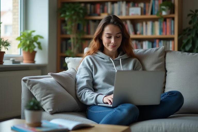 Jeune femme détendue dans un salon moderne regardant son ordinateur
