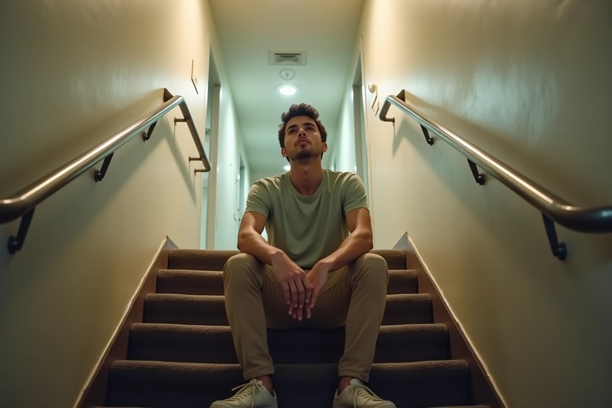 Jeune homme assis sur un escalier d