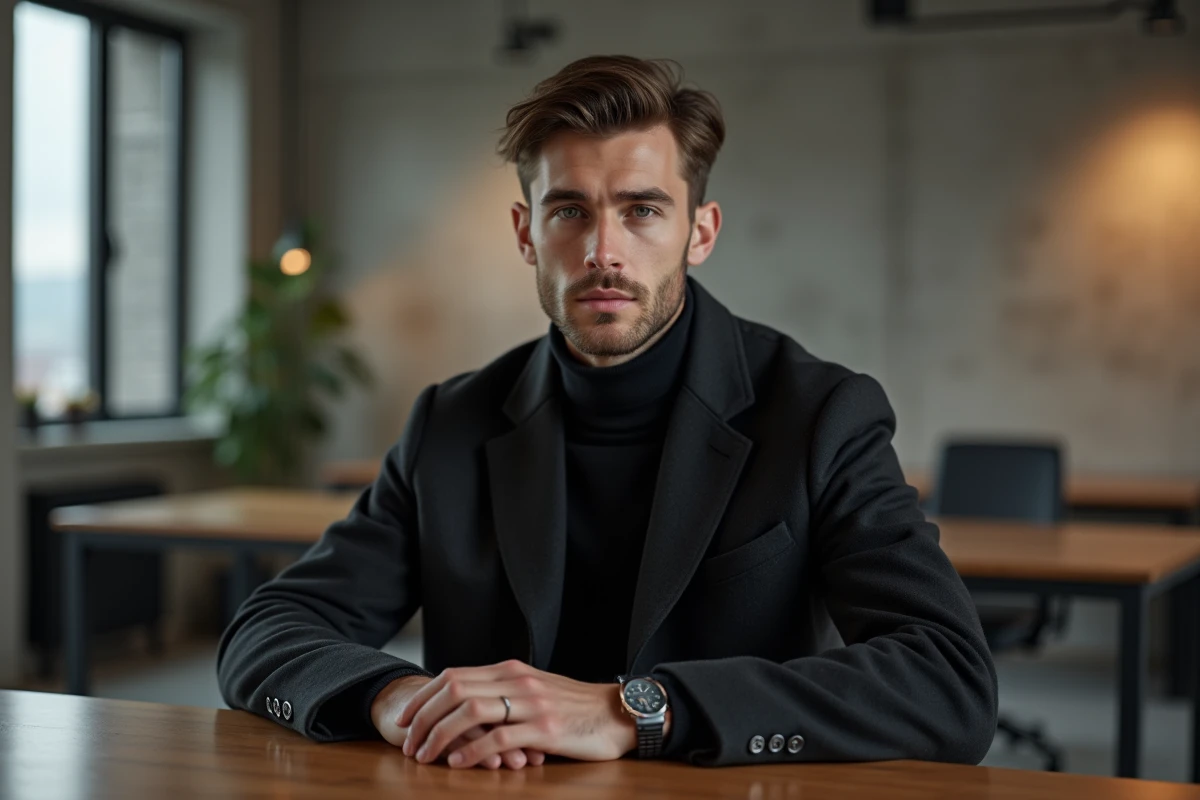Jeune homme en pull noir et manteau dans un bureau moderne
