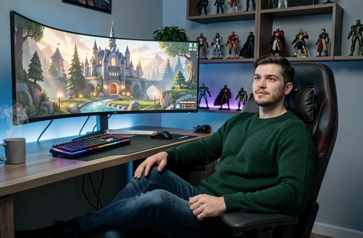 Joueur adulte concentré devant un grand écran affichant un château magique dans Hogwarts Legacy, dans une salle de jeux moderne