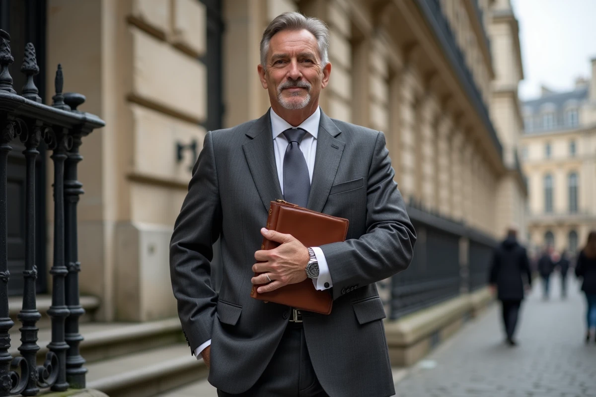 Journaliste professionnel debout devant une architecture haussmannienne parisienne tenant un carnet de notes
