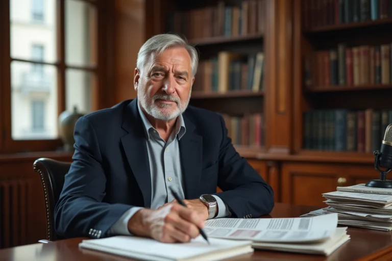 Portrait d'un journaliste expérimenté assis à son bureau éditorial parisien entouré de journaux et d'un micro vintage