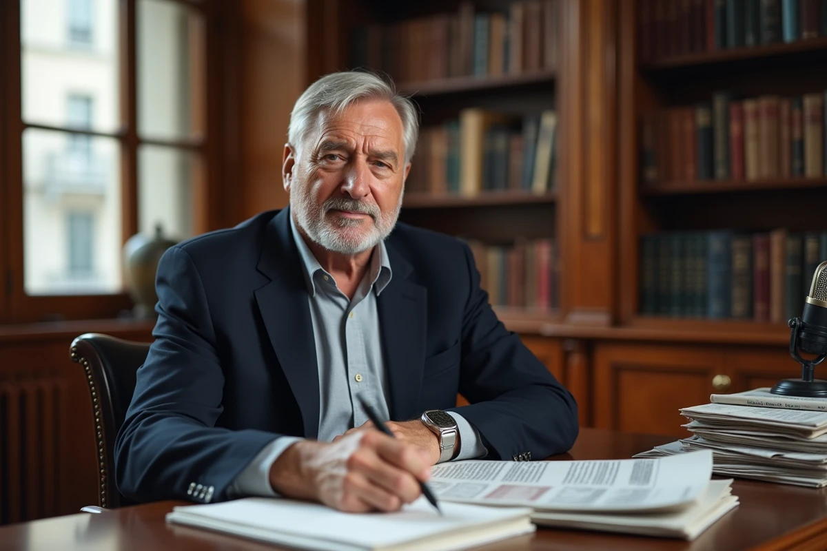 Portrait d'un journaliste expérimenté assis à son bureau éditorial parisien entouré de journaux et d'un micro vintage