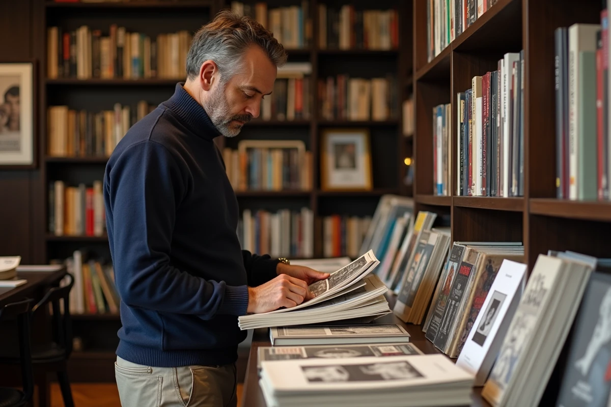 Homme feuilletant des catalogues d'exposition dans une librairie indépendante à Paris