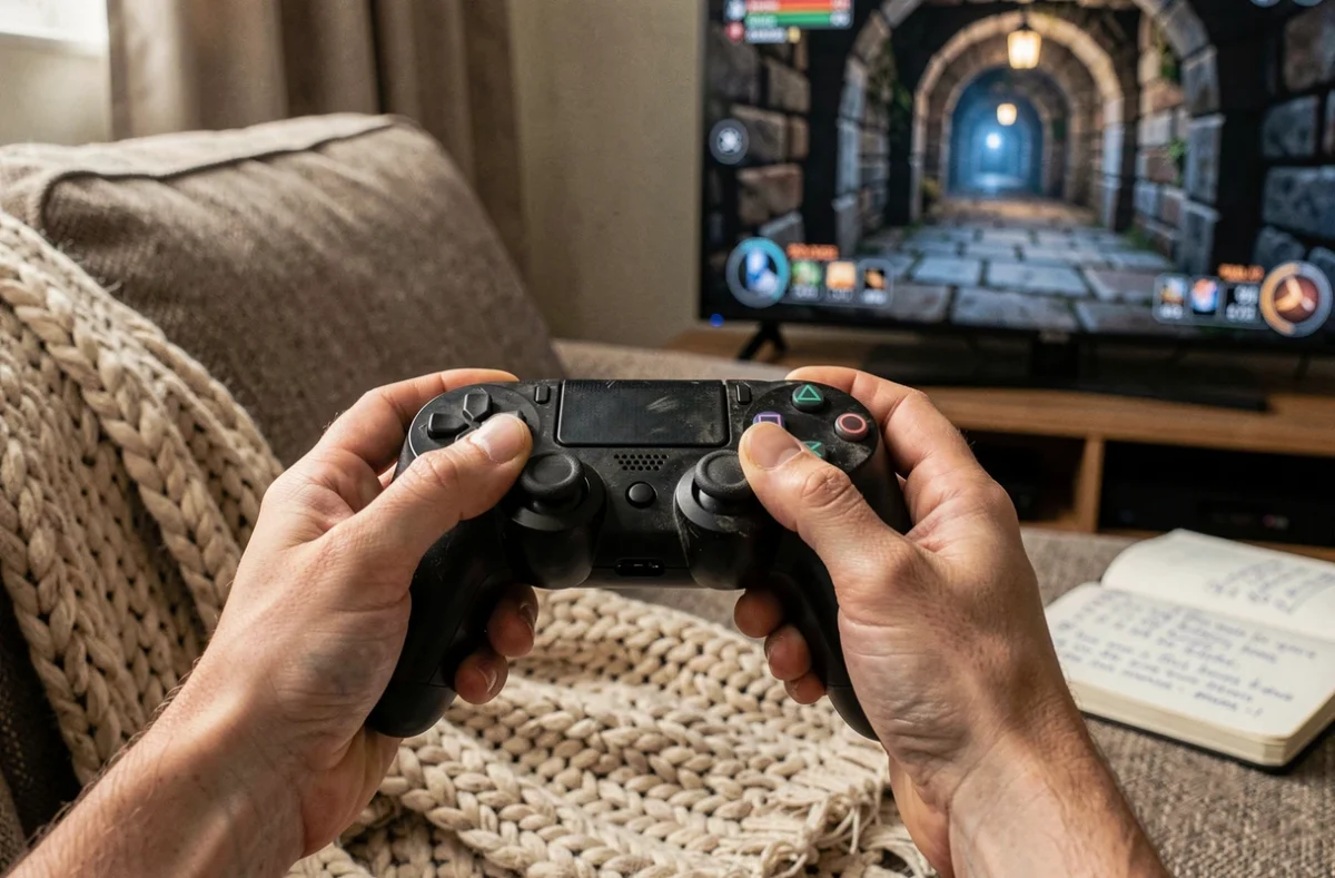 Gros plan de mains tenant une manette de jeu vidéo avec des notes de quête manuscrites, en train de jouer à Hogwarts Legacy