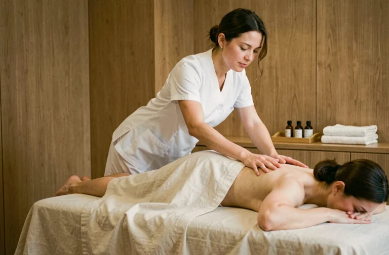 Masseuse professionnelle réalisant un massage du dos sur une table de soin dans un spa minimaliste aux tons naturels