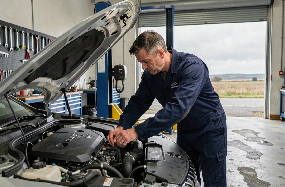 Mécanicien professionnel travaillant sur le moteur d'une voiture dans un garage automobile en Normandie