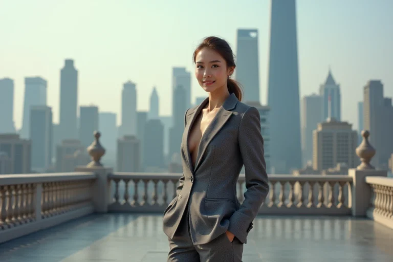 Modèle féminin en pantalon chic sur un rooftop urbain
