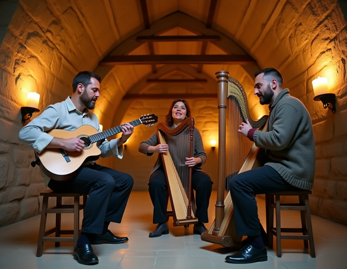 Musiciens bretons jouant du biniou, de la bombarde et de la harpe celtique lors d'un fest-noz traditionnel en intérieur