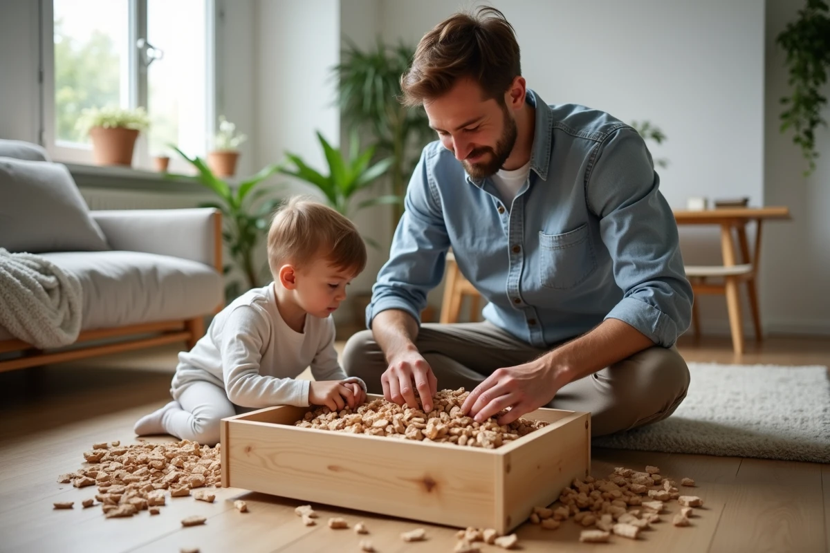 Jeune père assemble un lit pour chien avec des copeaux de bois dans un salon scandinave