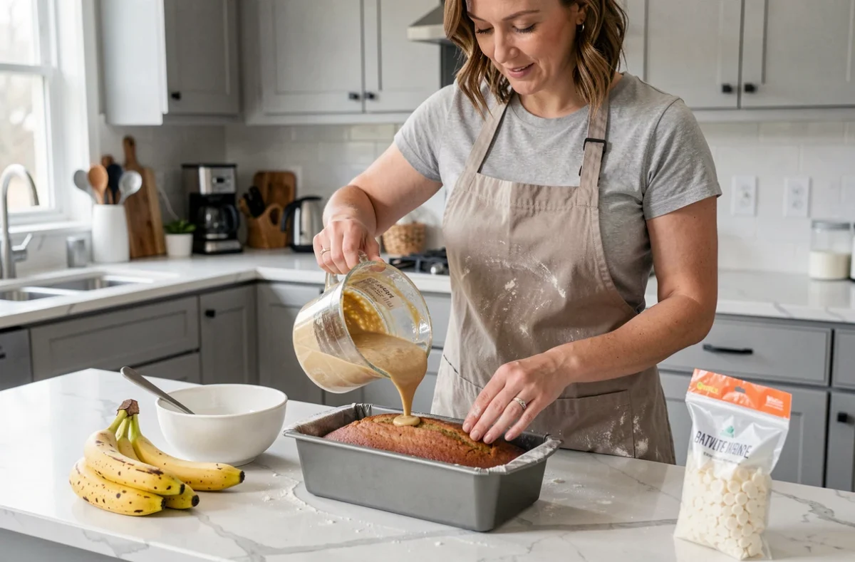 Femme versant la pâte à cake banane chocolat blanc dans un moule à cake dans une cuisine moderne