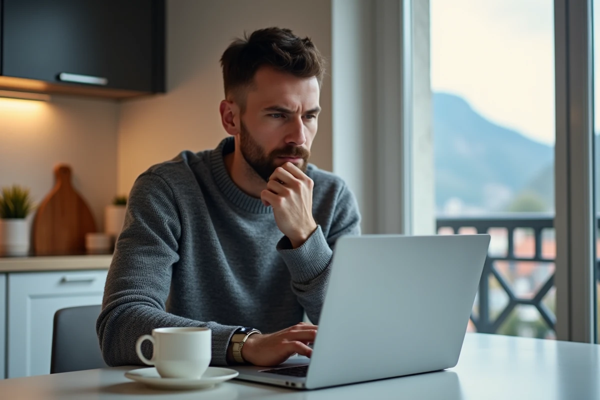 Homme cherchant une solution à un problème de connexion webmail depuis son domicile à Grenoble