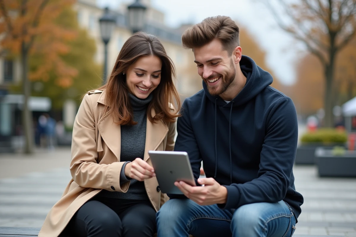 Deux jeunes adultes consultant le programme de LSU Arena Versailles sur une tablette en plein air dans une ville française