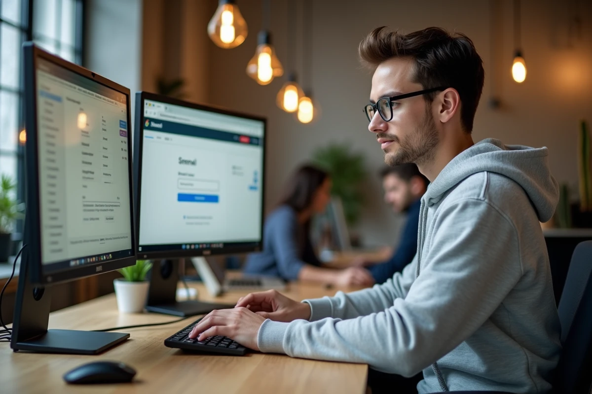Jeune professionnel réinitialisant son mot de passe webmail dans un espace de coworking à Grenoble