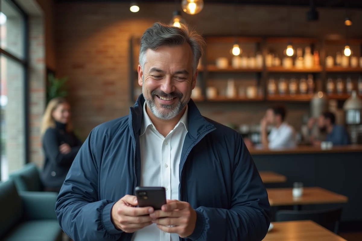 Homme consultant le site de LSU Arena Versailles sur son smartphone dans un café parisien