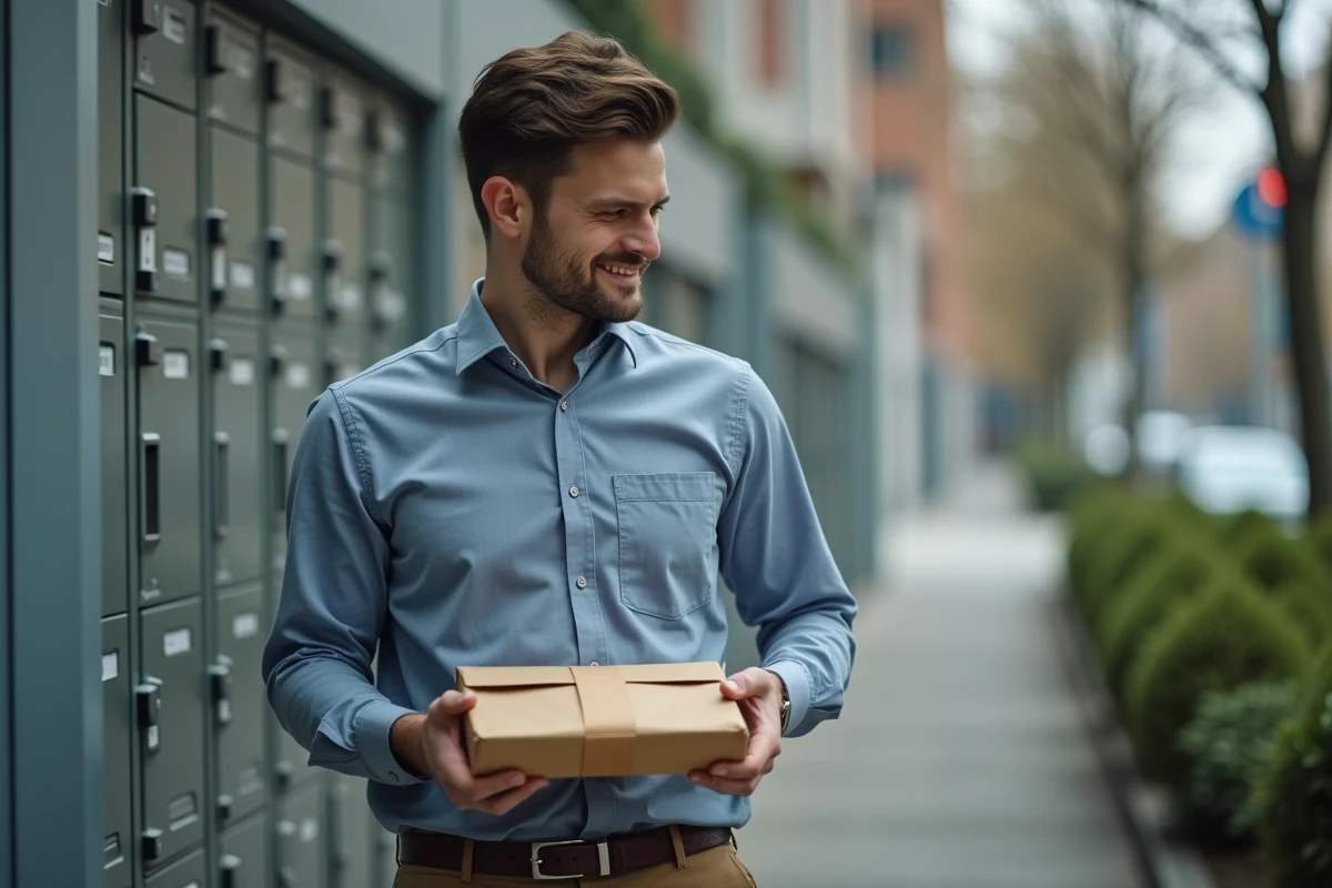 Jeune homme récupérant un colis dans un casier extérieur