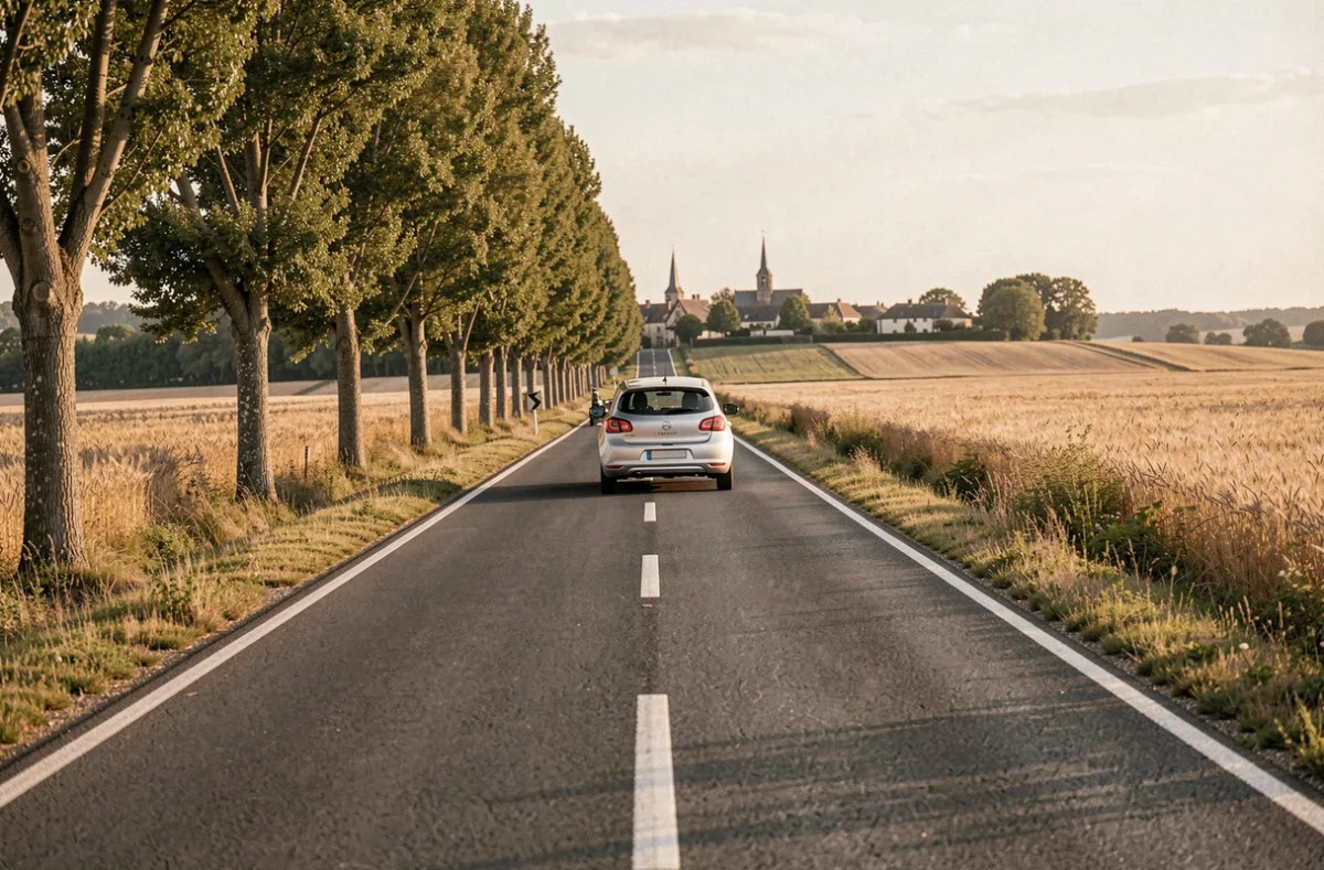 Voiture sur une route nationale à travers la campagne bourguignonne, paysage rural français