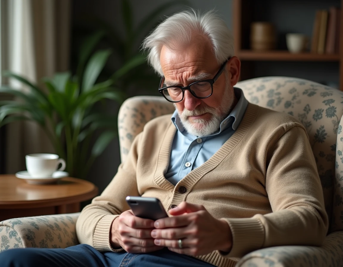 Personne âgée confuse face aux appels répétés d'un numéro inconnu avec le préfixe 33 sur son téléphone