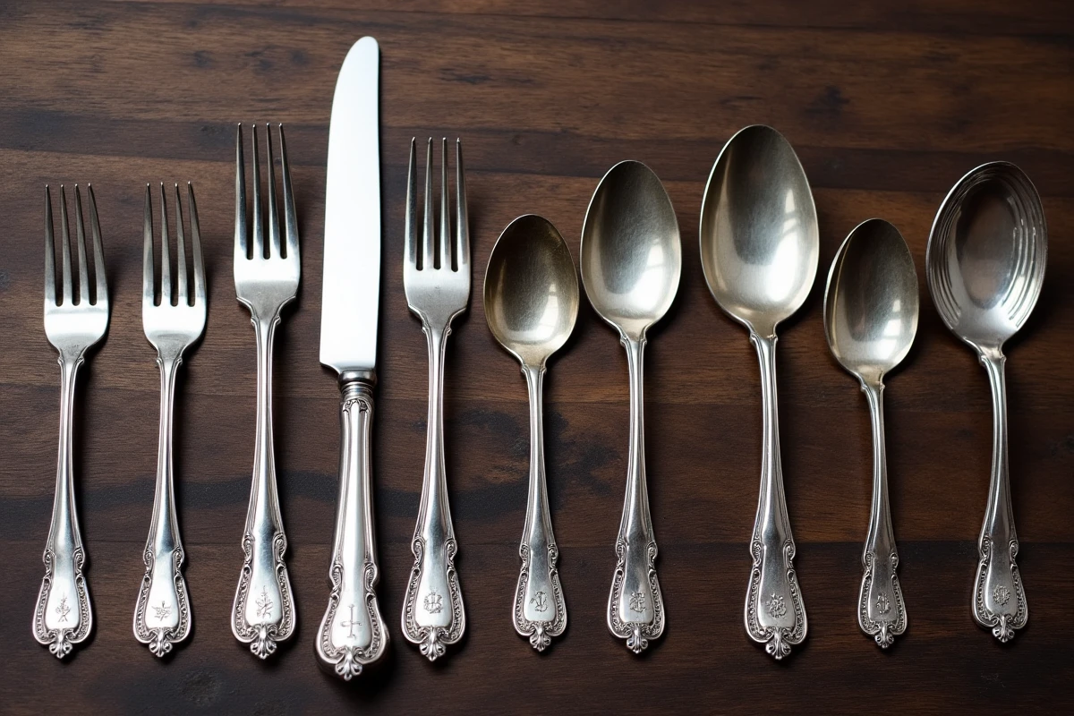 Ensemble complet de couverts en argent anciens avec poinçons visibles disposés en flat lay sur bois sombre