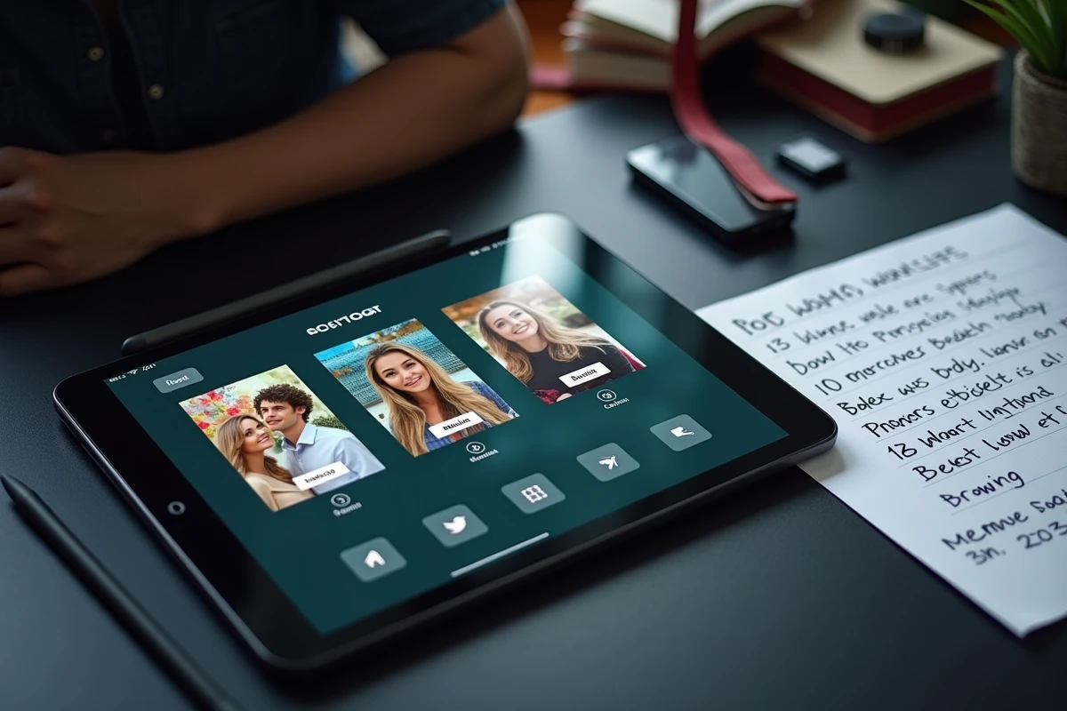 Tablette affichant un logiciel de photobooth avec interface de personnalisation et liste de critères de sélection