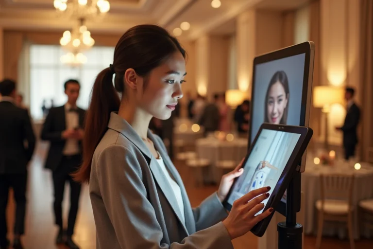 Femme examinant une tablette montée sur un photobooth dans une salle de réception décorée