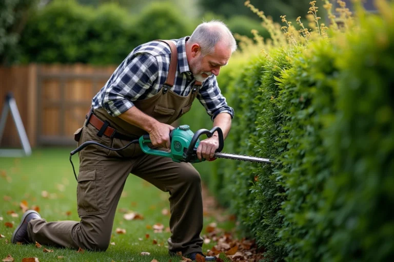 Homme d'âge moyen utilisant taille-haie électrique dans jardin