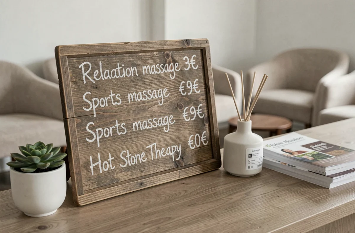 Tableau d'affichage des tarifs de massage à la craie sur un comptoir d'accueil de centre de bien-être