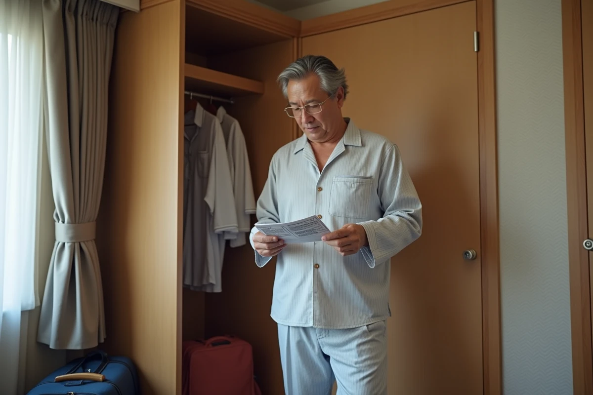 Touriste homme regardant pyjamas dans chambre japonaise