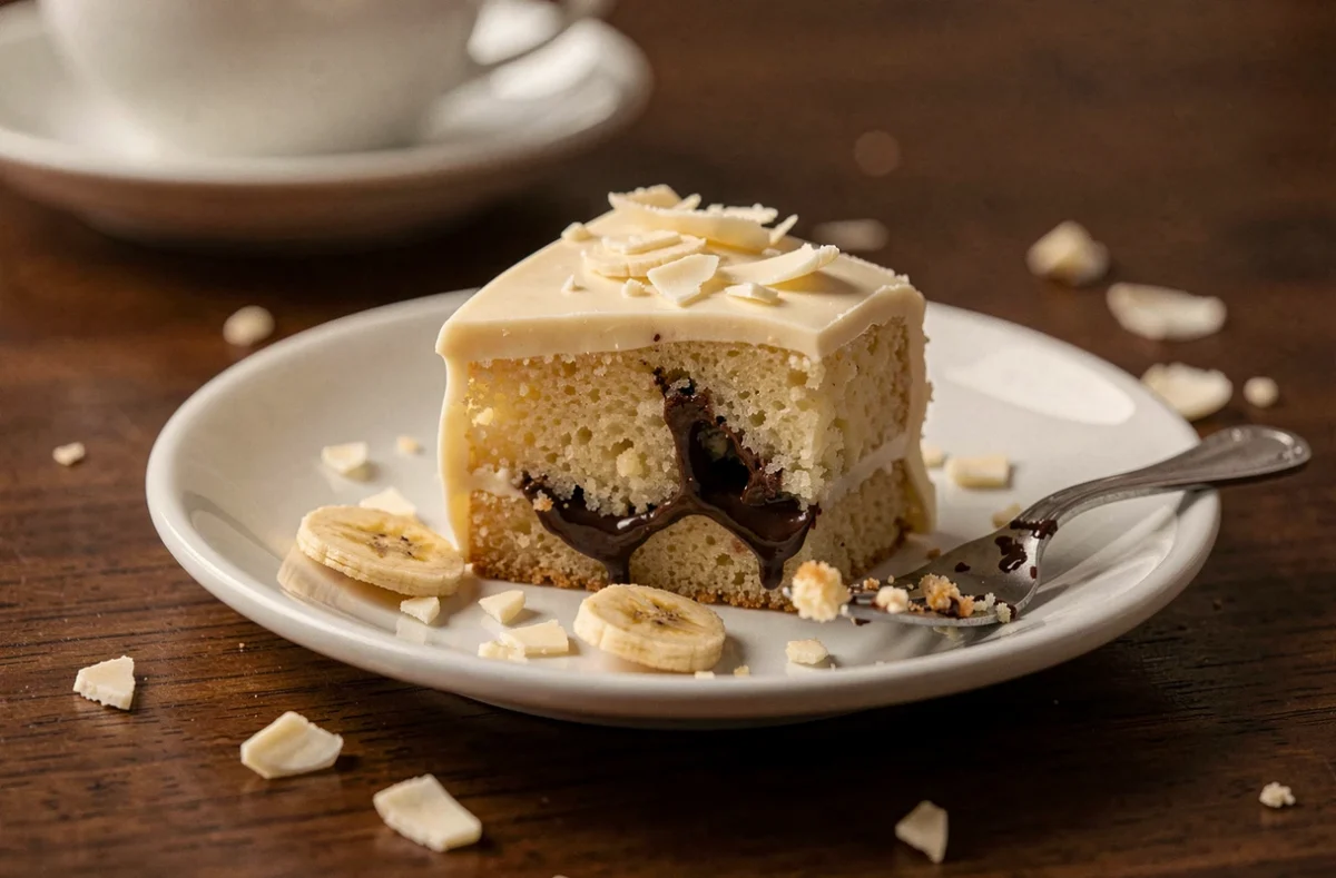 Tranche de cake banane chocolat blanc sur assiette blanche avec des copeaux de chocolat et une tasse de café en arrière-plan