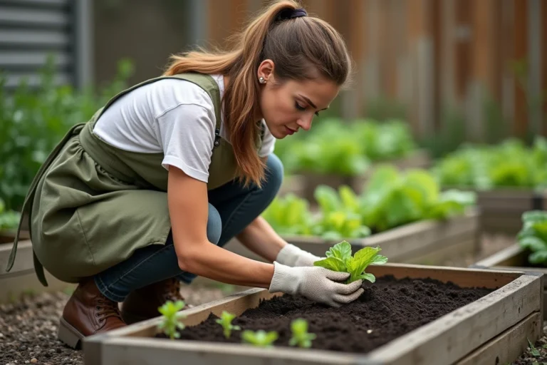 Femme qui transplante des jeunes plants de salade dans un carré potager en bois avec de la terre humide et sombre