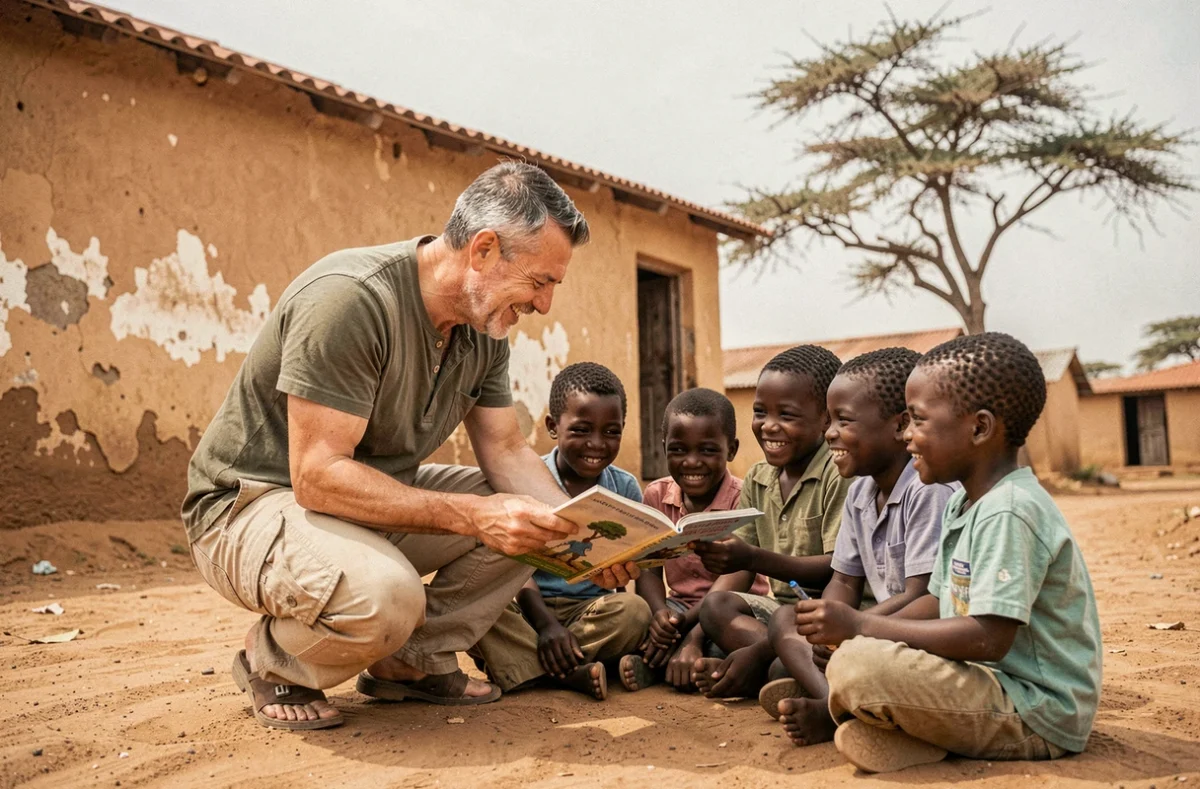 Voyageur solidaire partageant un livre illustré avec des enfants dans un village d'Afrique de l'Ouest