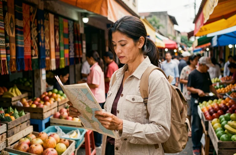 Voyageuse solidaire consultant une carte dans un marché local en Asie du Sud-Est
