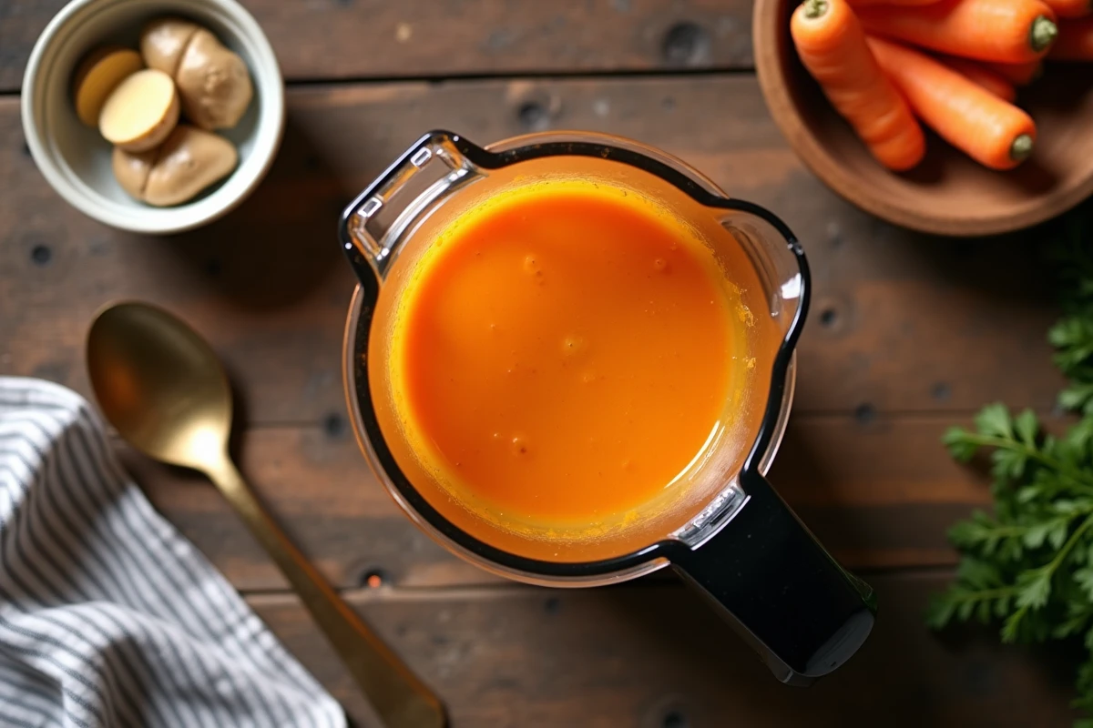 Vue du dessus d'un mixeur Top Chef avec une soupe carotte gingembre sur une table en bois rustique